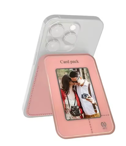 Funda E-ink Celrya rosa - Vista frontal con tarjetero y pantalla E-ink